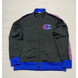 Champion Track Jacket Full Zip Black Blue Red‎ Logo Mens Size Large